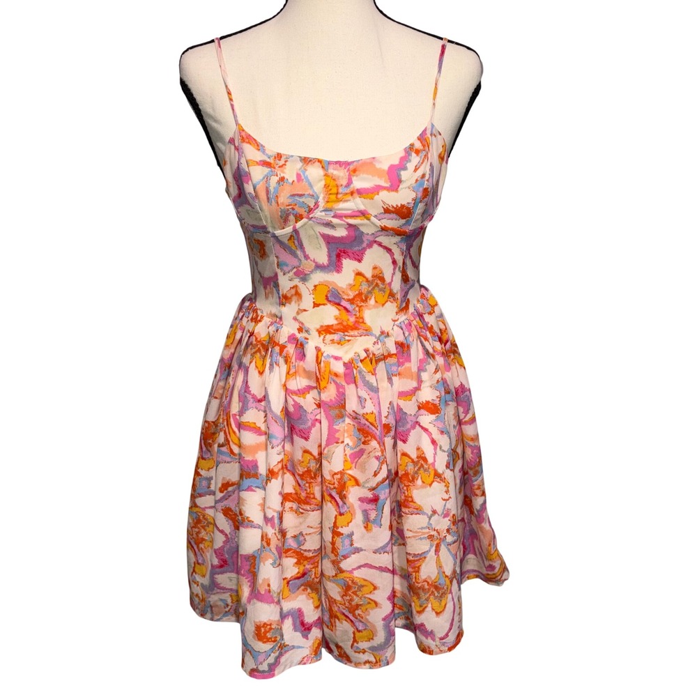 Abstract Swirl Bustier Fit Flare Mini Dress Summer Women XS Pink Hello Molly